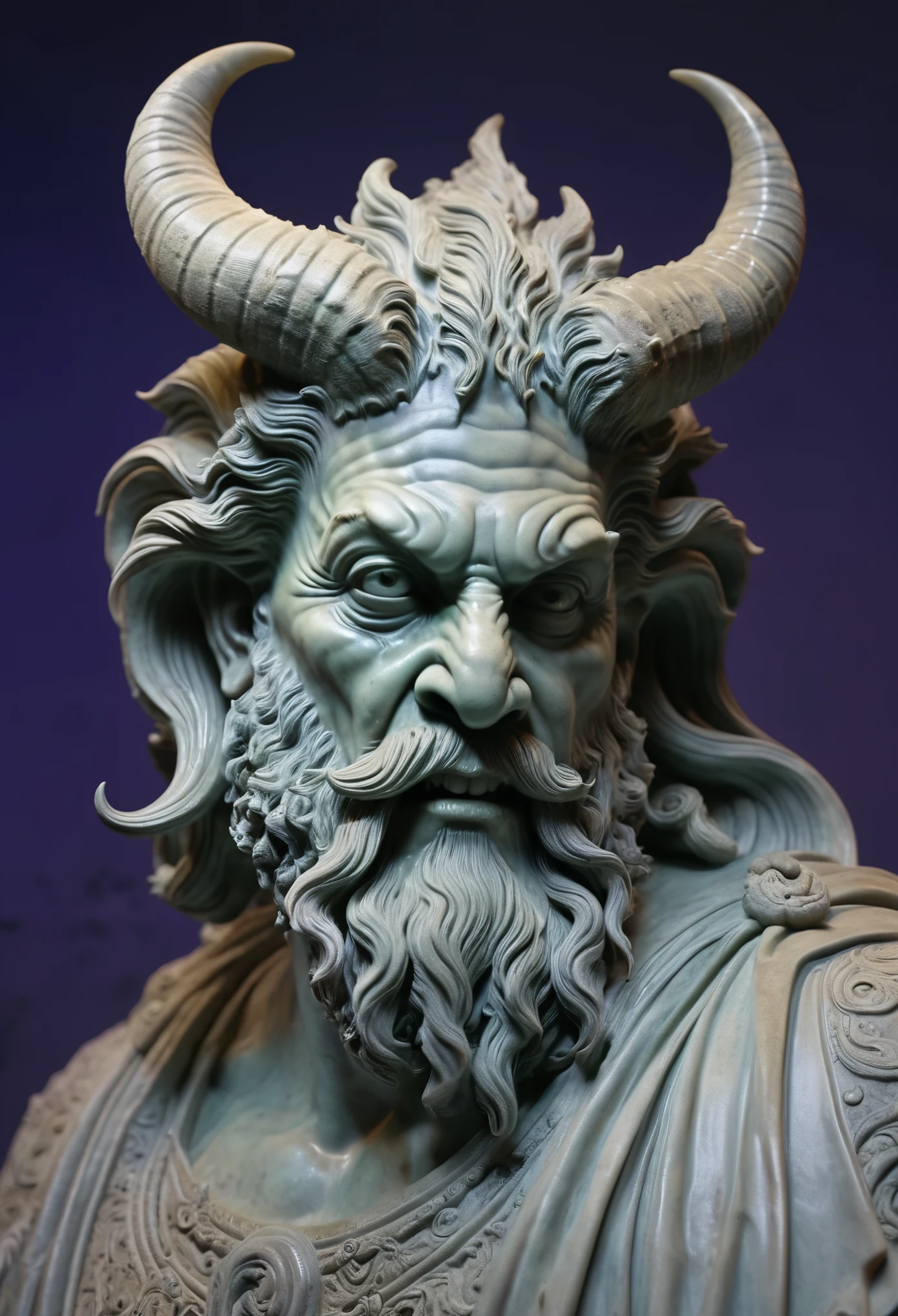 Marble Sculpture, portrait of The Demon creature, realistic, lavender bioluminescent, Hyperrealistic, gradient Background, realistic, aesthetic, art by Michel Ange in the style of, Artstation, highly elegant details scenery with meticulous realism details revealing his mythological divine characteristics, insanely octane render trending 4k, photo realistic, cinematic, movie still, captured in the style of Sony Alpha A7 III camera