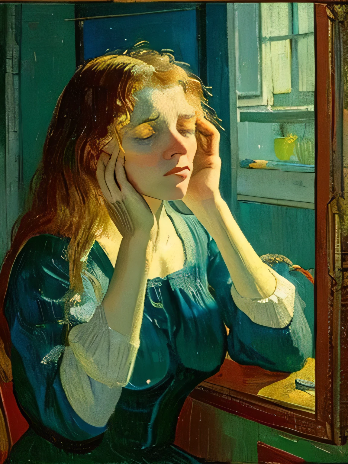 Produce a painting of a prone and depressed woman in the style of Vincent Willem van Gogh.