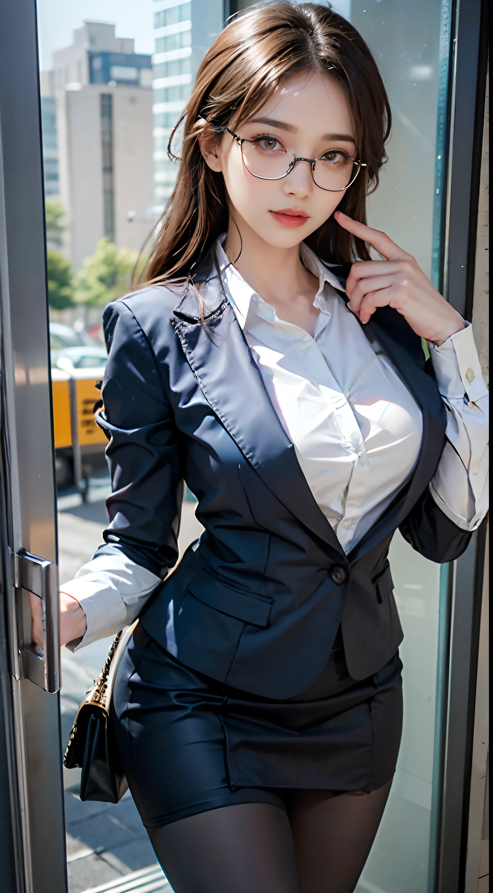 A woman in her 40s poses in front of an office window,, Shooting from the sky, White skin, Glowing Skin, Wear a blazer,Black Lens Stockings, Lace Lingerie Big Tits. High heels, Hair is clean and neat. Her face is delicate, Show off your beautiful eyes, lips, Perfect Fingers. This woman has a perfectly anatomically correct body.. She was standing in a luxurious office.,There is also green,watch,.Wear a ring and glasses Wear pantyhose、 Girl in a shirt,, Business Attire, Wearing a black suit, Wear a shirt and skirt, Woman in a suit, business suit, business attire, RAW Photos, (8k、highest quality、masterpiece:1.2)、(Intricate details:1.4)、(Photorealistic:1.4)、Octane Rendering、Complex 3D rendering with ultra-detail, Studio Soft Light, Rim Light, Vivid details, Super Detail, Realistic skin texture, Detail Makeup, Beautiful details in the eyes, Very detailed