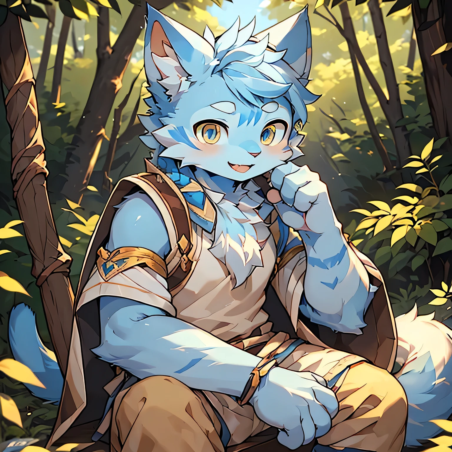 The only person,(Male cats:1.5), (blue skin:1.3), hairy,(Light blue fur:1.3),((Golden pupils)) ,(White ears),(hairy animal ears),Covered with hair,Wear adventurer's clothes,Posture,Behind it is the forest,Delicate face,Delicate eyes,Perfect sunshine,Face Focus,Charming expression,Stick out your tongue