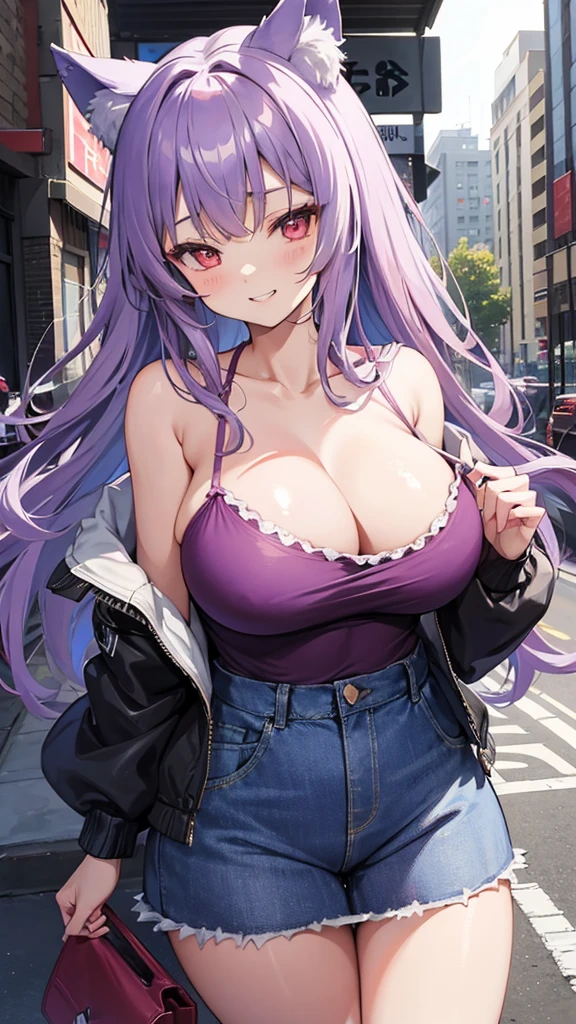 最高masterpiece、Wolf Girl, Large Breasts, Voluminous light purple hair, masterpiece , Red eyes, hd, Thick thighs, Head to Chest, buried in my chest、Double teeth、tooth、Chubby、Grinning、camisole、Big Tits、Denim Jacket、white iris、