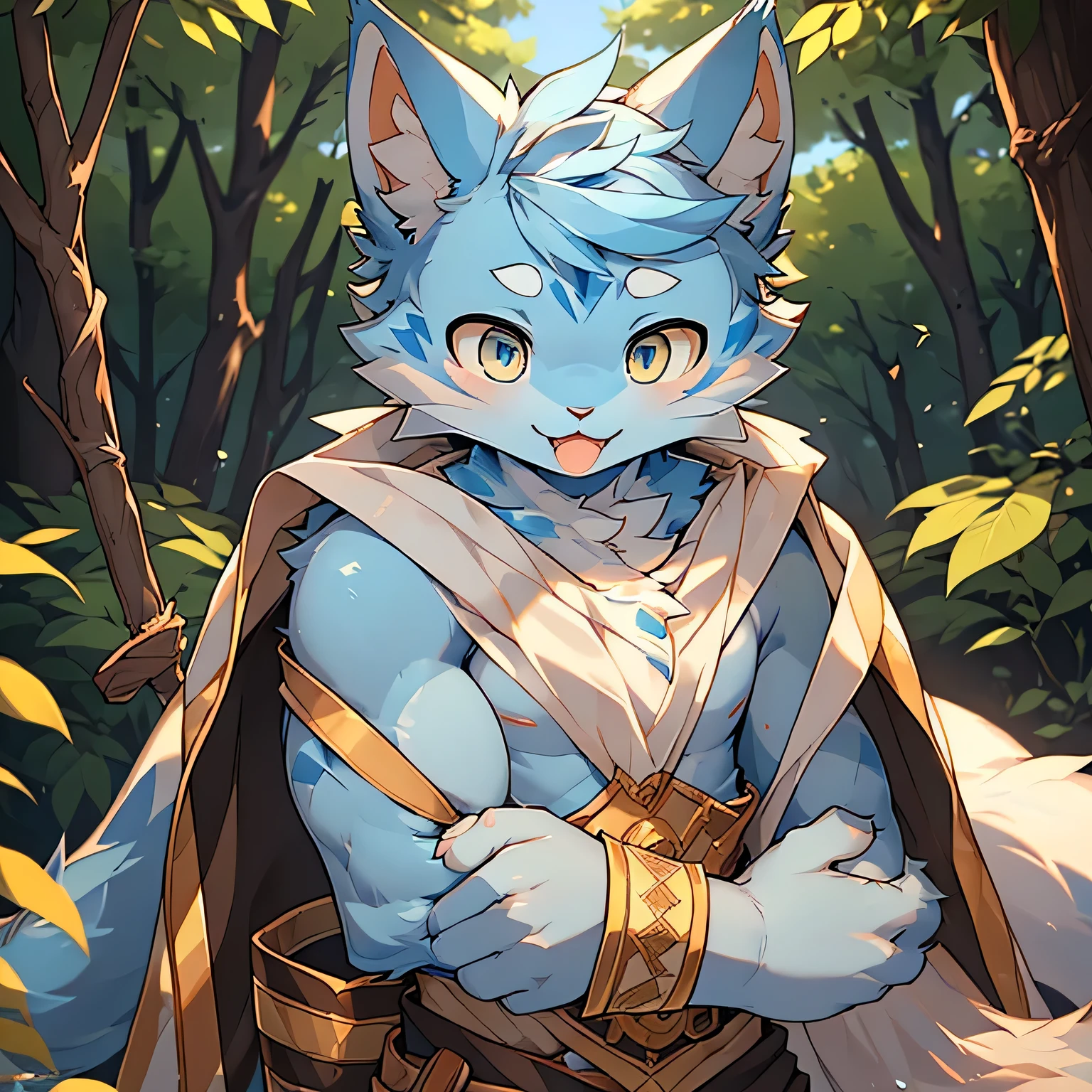 The only person,(Male cats:1.5), (blue skin:1.3), hairy,(Light blue fur:1.3),((Golden pupils)) ,(White ears),(hairy animal ears),Covered with hair,Wear adventurer's clothes,Standing,Behind it is the forest,Delicate face,Delicate eyes,Perfect sunshine,Face Focus,A malicious expression,Bad smile