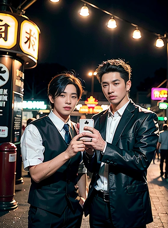 （Chinese handsome：1.5），Two men at an amusement park，the night，masculine pose，realistic detail， photograph of-realistic，textureskin，looking to the camera，18-year-old boy,Studio,