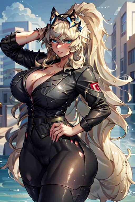 ,(masterpiece:1.5),(best quality:1.5),(high resolution:1.5),(8k:1.5),(Ultra HD:1.5),(perfect face:1.5),(beautiful detailed eyes:1.5),(Cowboy Shot:1.5) ,(extremely detailed face:1.5),(perfect lighting:1.5),(extremely detailed CG:1.5), (perfect hands:1.5),(perfect anatomy:1.5),,(perfect body:1.5),(perfect hands:1.5),(perfect fingers:1.5),(full body:1.5),(fighter:1.4),(1woman:1.3),(megami magazine:1.3),pale skin(fighter:1.5),blonde long hair,cool face,(green and red odd eye 1.4),(large breasts:1.2),(large ass:1.2),,(sexy look pose:1.5),(Black business suit:1.3), (Black Skirt:1.3),,(cameltoe :1.3),,(wet:1.2),(sweat:1.2),looking at viewer