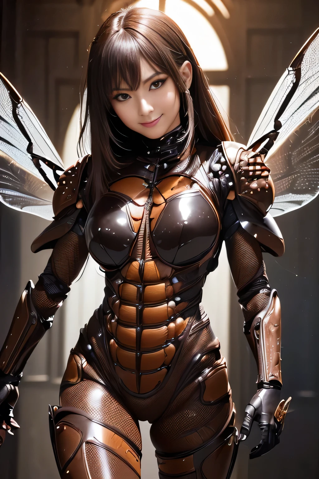 (high resolution,masterpiece,best quality,extremely detailed CG, anime, official art:1.4), realistic, photo, amazing fine details, all intricate, gloss and shiny,awesome many layers, 8k wall paper, 3d, sketch, kawaii, illustration,( solo:1.4), perfect female proportion,villainess, (fusion of dark brown cockroach and lady:1.4), (brown cockroach form lady:1.2), (brown cockroach lady:1.2), (fusion:1.2), (solo:1.4), (evil smile:1.2), muscular, abs, (cockroach brown exoskeleton bio insect suit:1.4), (cockroach brown exoskeleton bio insect armor:1.2), (brown transparency cockroach wing:1.4), (brown cockroach antennae:1.3),
