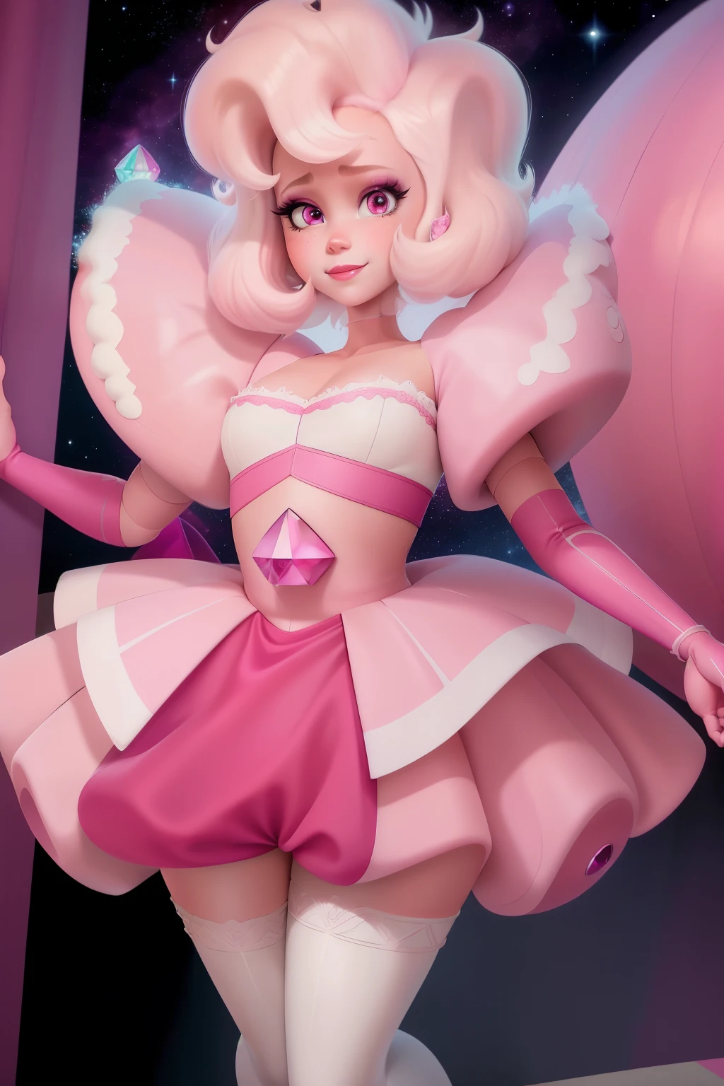 pnkdamond, pink hair, pink eyes,  big hair,  stomach gem,  pink skin,  toned, 
puffy short sleeves, elbow gloves ,  white thighhighs,   puffy dress, 
standing, upper body, 
 outerspace,  
(insanely detailed, beautiful detailed face,beautiful detailed eyes, masterpiece, best quality) cinematic lighting,  smile, 
 