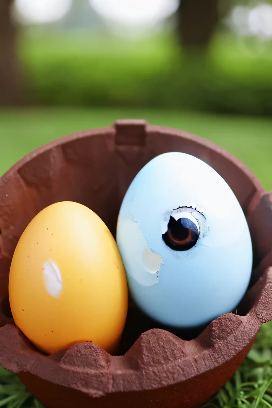 highest quality、One egg、The egg is slightly cracked and one eye is peeking out.、Red scary eyeball、Horror、Very realistic eyes