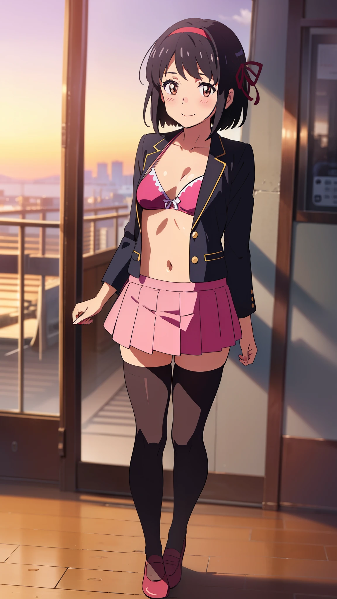 shinkai makoto, kimi no na wa., 1girl, bangs, black hair, blush, brown eyes, idol, idol clothes, collarbone, red headband, red ribbon, bow hair ornaments, open jackets, black bikini, pink skirt, short skirt, black thighhighs, short hair, smile, cute, solo, outdoors, sunset background, sunlight, evening