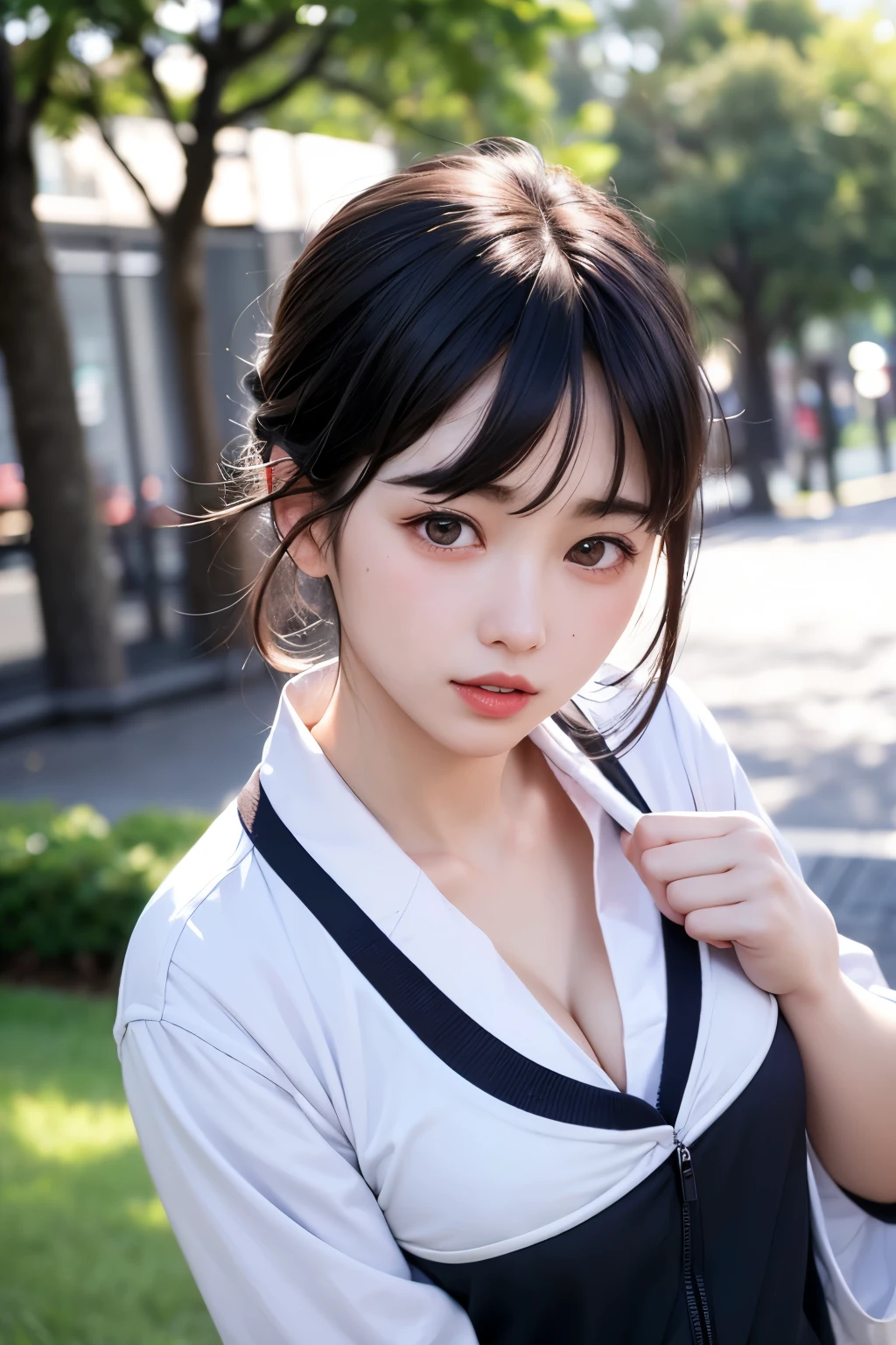 (1 nogizaka girl,raw photo,photo realistic:1.5),(best quality, high quality,HDR, highest quality,ultra high resolution,high resolution,high res,ultra high difinition,huge file size,8K,2K wallpaper,8K wallpaper,high quality texture,amazing,an extremely delicate:1.4),one girl, Japanese famous idol,beautiful face,small face,absurd,ridiculous,incredibly ridiculous,portrait,breasts close up,blurry background,(gym uniform,cleavage,no makeup:1.2),medium skin,beautiful skin,detailed skin,small head,black hair,silky hair,(Japanese eyes:1.3),detailed eyes,black eyes,Japanese idol eyes,perfectly propotioned face,Japanese nose,5-fingers,(Light Particles, Lens Flare, Luminous Particles: 0.7),looking at viewer,bright lighting,professional lighting,girl