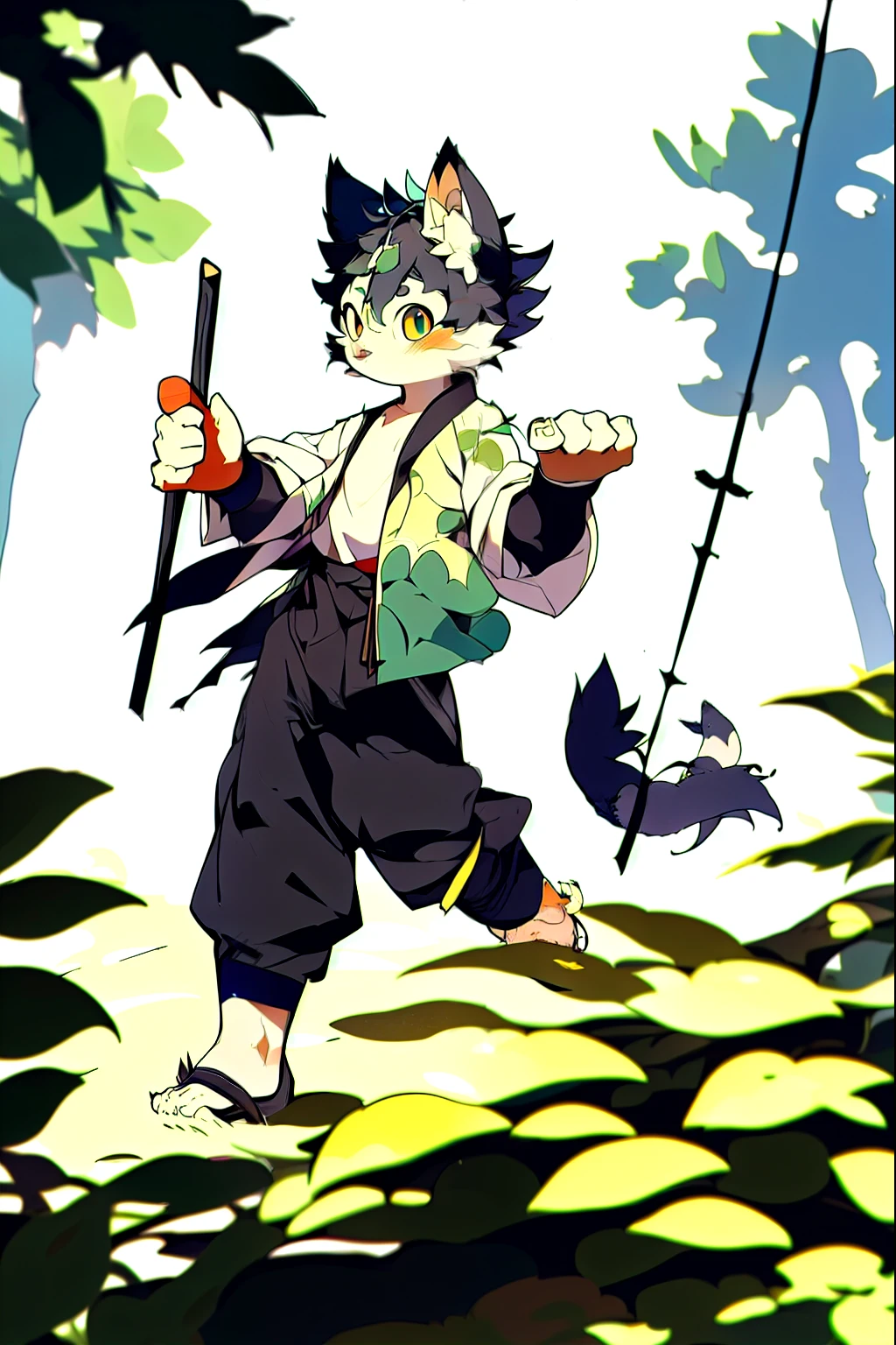 Depth of Field, Perfect lighting, Light Particles,(best quality),(masterpiece),(Ultra de Obaed),Clear focus,Light Particles,  Niji, Eyegod,  blush, Brown_Eye, Watching_exist_Viewer,Genma, Humanity, hairy, Cats, (hairy), (清澈的青色Eye), green ink hair, Black cat tail, {Chinese Ancient Chamber of Commerce Robe，Dark gold streaks},Chinese ancient style black trousers, outdoor,Antique dealer