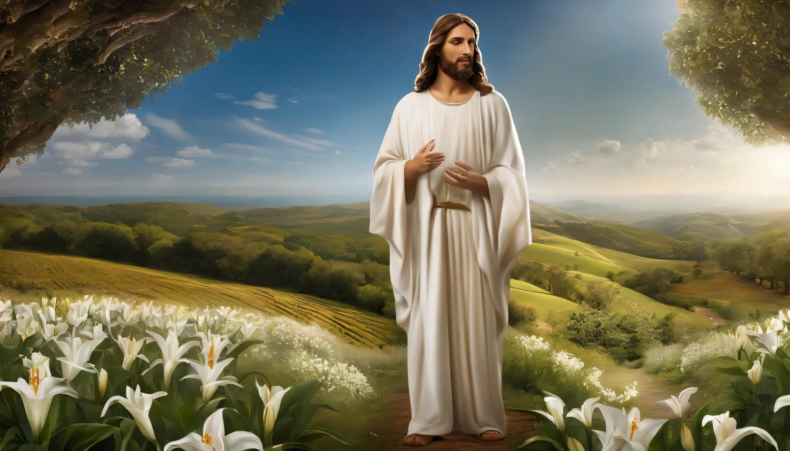 "Draw a representation of Jesus Christ in a serene, inspiring scene. he is standing, envolto em uma aura de luz suave, com os olhos gentis e compassivos fixados em um ponto distante, as if he were contemplating the world with love and compassion. Her facial expression conveys serenity and wisdom, while your arms are slightly extended to the sides, acolhendo a todos com bondade. The scenery around Jesus is peaceful and inspiring. A clear blue sky stretches in the background, dotted with white, ethereal clouds. Raios de luz dourada emanam de seu corpo, iluminando suavemente o ambiente ao seu redor. Ao seu redor, there are symbolic elements that represent your message of love, compassion and hope, como pombas voando livremente, olive trees and white lilies. A imagem deve ser detalhada e realista, with special attention to the facial features and expression of Jesus’ eyes. As cores devem ser suaves e reconfortantes, conveying a sense of peace and harmony. Image resolution must be high definition, permitindo que cada detalhe seja apreciado com clareza. Ao criar esta imagem, seek to capture the essence of Jesus Christ as a symbol of unconditional love and divine compassion, inspiring those who behold it to find comfort and hope in times of difficulty and uncertainty."