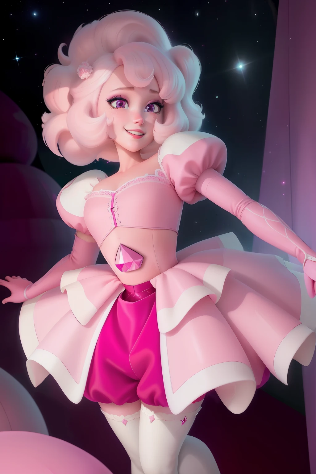 pnkdamond, pink hair, pink eyes,  big hair,  stomach gem,  pink skin,  toned, 
puffy short sleeves, elbow gloves ,  white thighhighs,   puffy dress, 
standing, upper body, 
 outerspace,  
(insanely detailed, beautiful detailed face,beautiful detailed eyes, masterpiece, best quality) cinematic lighting,  smile, 
 