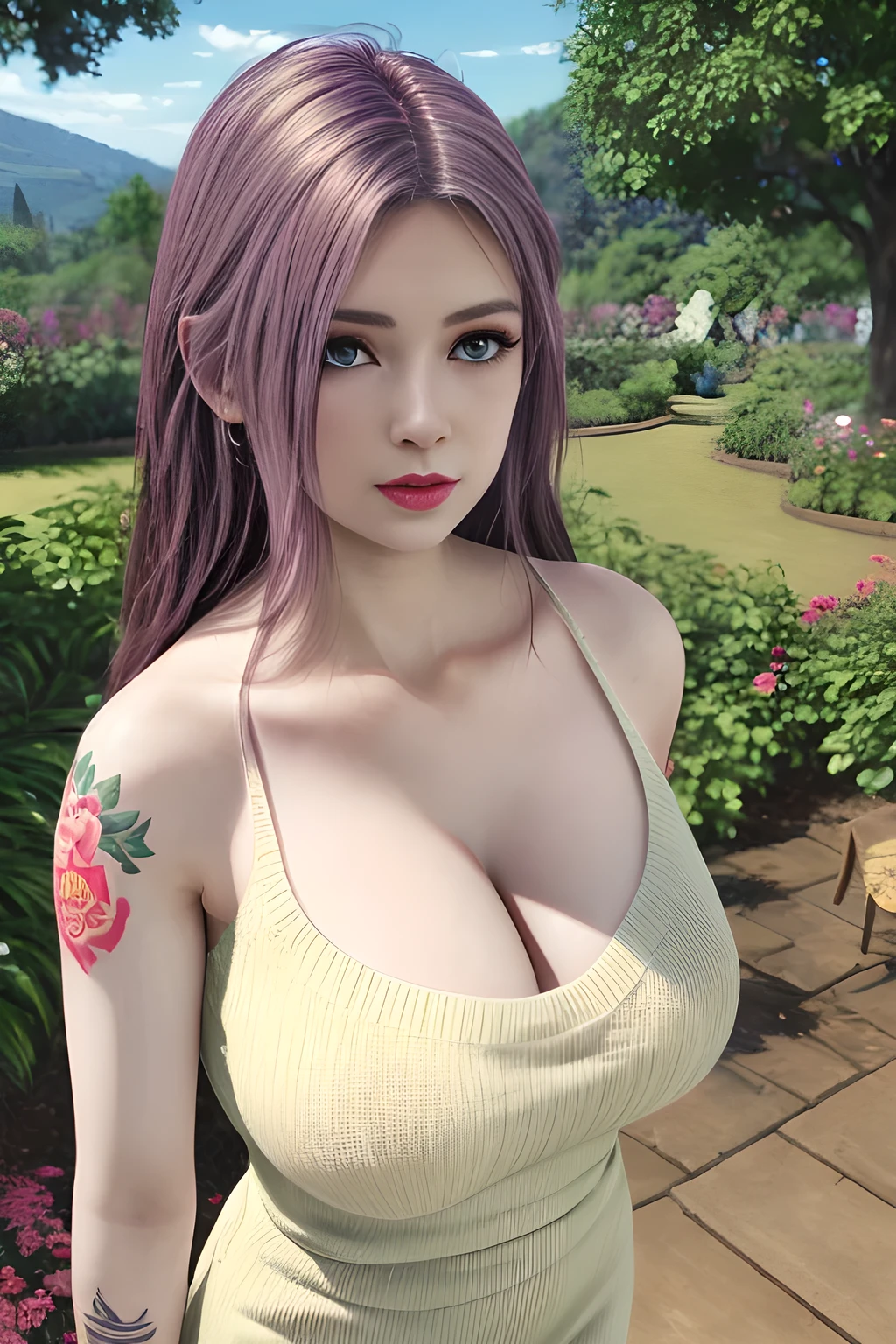 1girl, in a garden, white knit dress, appealing cleavage,( beautiful tattoo:1.2), overhead view, beautiful detailed eyes, beautiful detailed lips, extremely detailed eyes and face, long eyelashes, greenery around, blooming flowers, bright sunlight, shady trees, outdoor setting, feminine charm, detailed texture, snug fit, fashionable, soft fabric, radiant skin, (best quality,4k,8k,highres,masterpiece:1.2), ultra-detailed, (realistic,photorealistic,photo-realistic:1.37), elise,