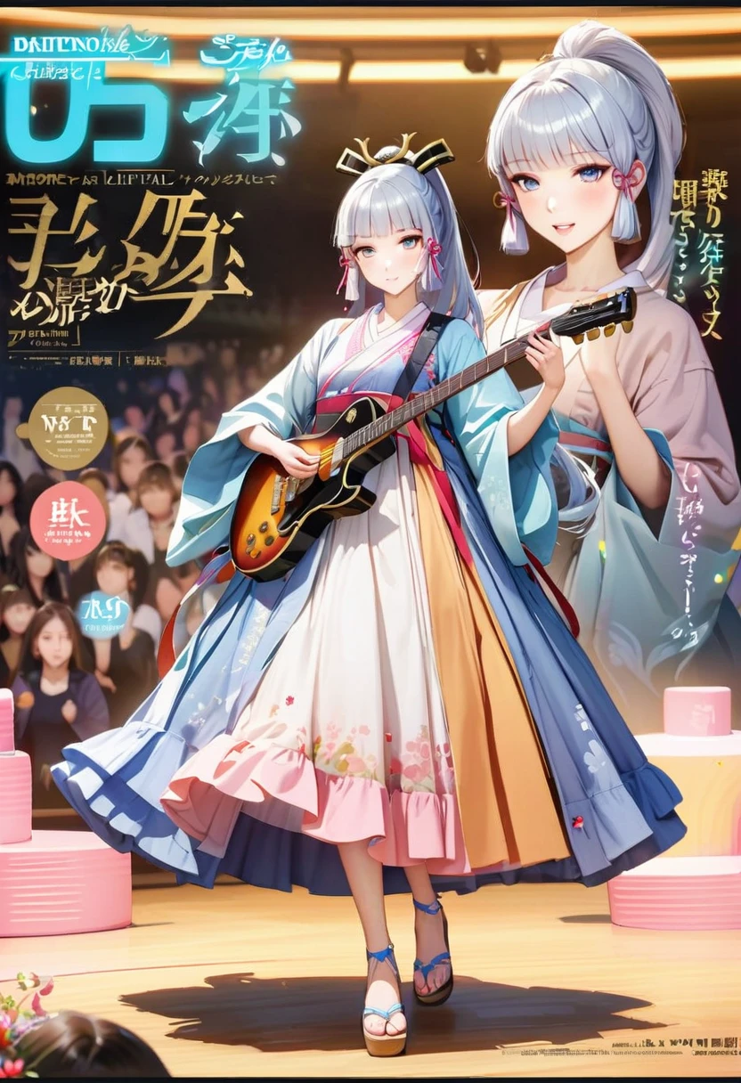 magazine cover，masterpiece), (best quality), (Ultra Detailed),(lifelike：1.37), (Idol playing electric guitar on stage), (Face painting:0.8),solitary,3D,whole body,Green sci-fi style Hanfu,Everlasting, Looking at the audience, (Stage Background),Beautiful blue eyes, Pretty Face, floating,(High Saturation),(Colorful splash),Colored bubbles,(shining),  Ponytail, Kamisato Ayaka, light blue hair, Bangs, Hair ring, floating flowers, Flowing hair, (shining), Optimal lighting, The best shadow,（8k）