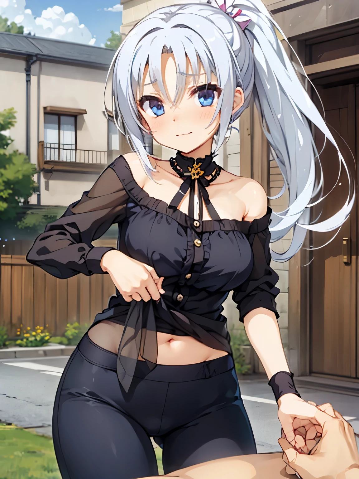 NSFW,Tomotake Yoshino,Long Hair、Gray Hair、High Ponytail、Hair Intake、hair ornaments、Parted bangs、blue eyes,Embarrassed,blush,(I feel pleasure:1.3),(Aroused expression:1.3),(cropped:1.5),Off the shoulder,Tight pants,(Perfect hands),(Perfect Anatomy),(masterpiece),(highest quality),Shopping mall