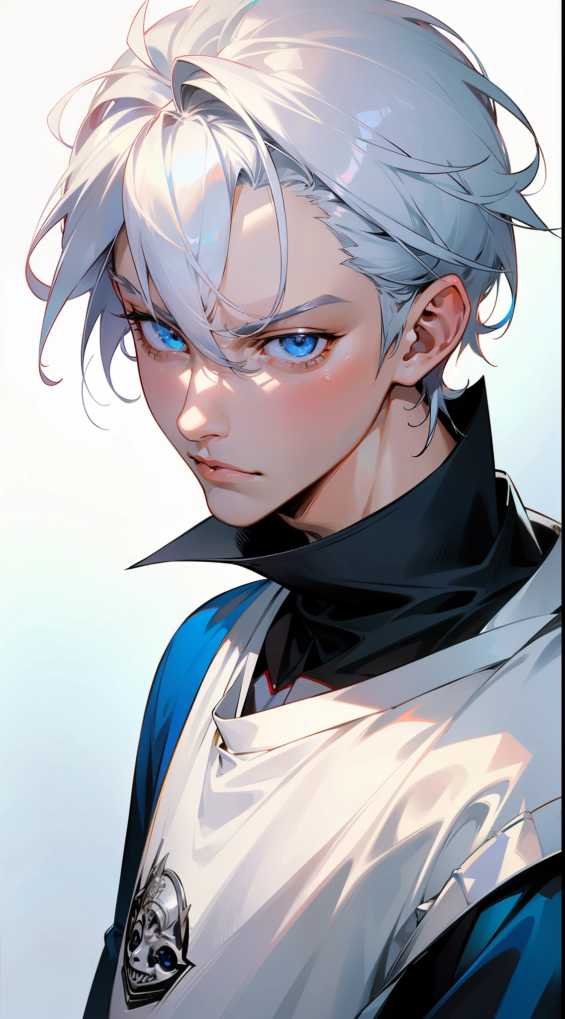 Boy, silver hair, blue eyes, serious sharp features, sharp eyes, sharp nose, handsome, white skin, T-shirt sleeves