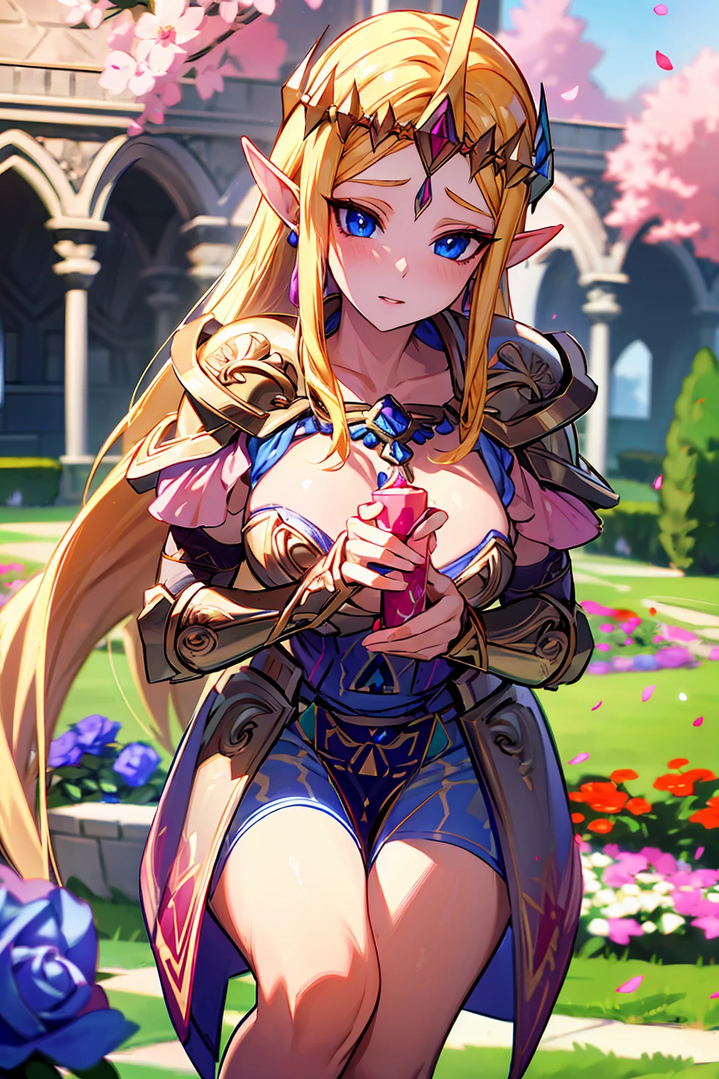 absurdres, highres, ultra detailed, HDR), masterpiece, best quality, Zelda, 1woman, solo, beautiful, blonde hair, vibrant blue eyes, finely eye and detailed face, garden, red roses, petals