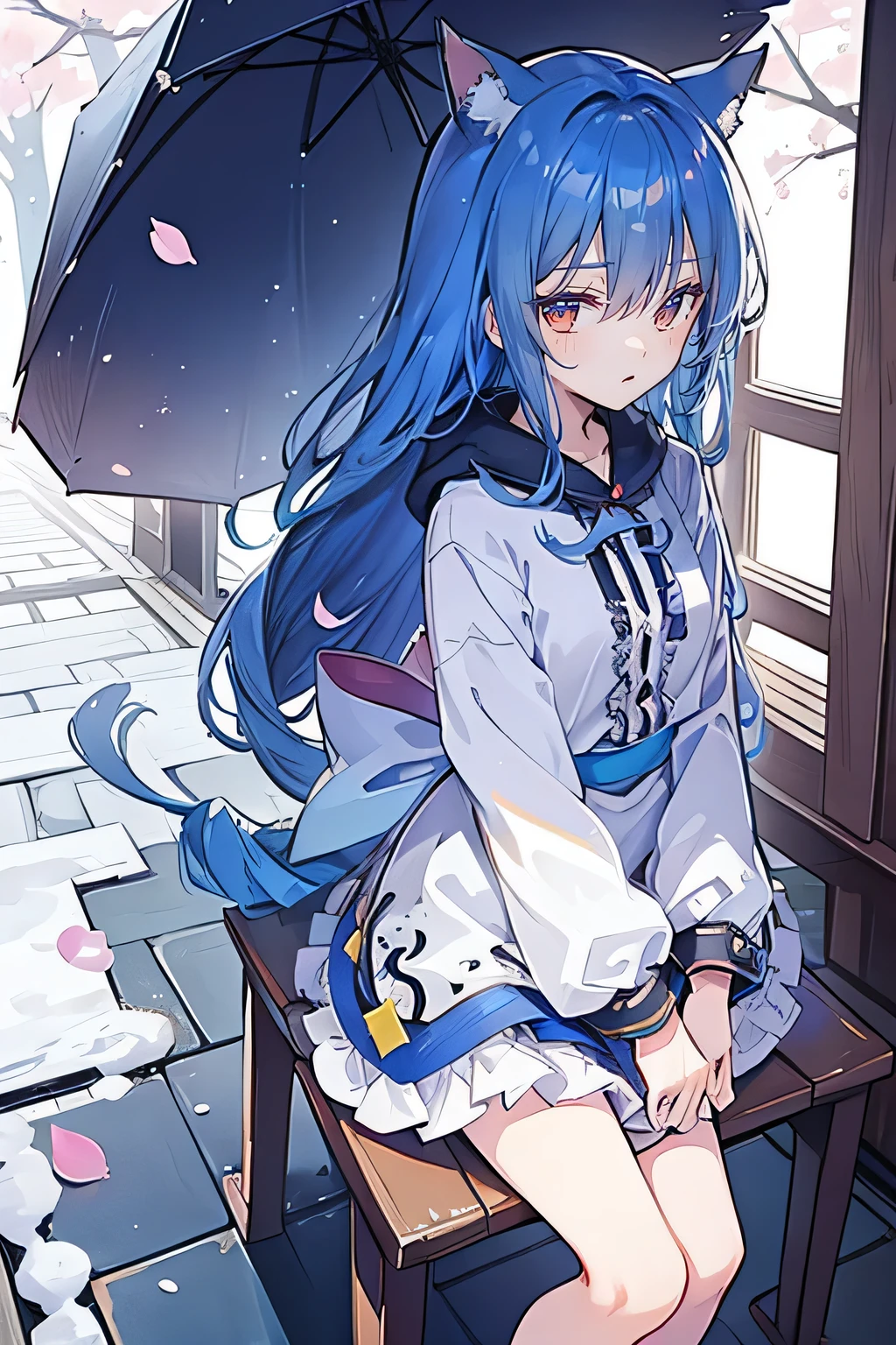 （masterpiece：1.2），Super detailed，lifelike，Expressive eyes，fair skin，perfect face shape，1 girl，
Japanese comics,Gorgeous blue hair,flowing blue hair,flowing clothes,Cat ears,Petals fall,beautiful lola,Baby Angel,
Cross your legs，Gentle and peaceful background，The pavilion is cool and comfortable,smile, wearing hoodie, background of tokyo,back views,snowing, winter.