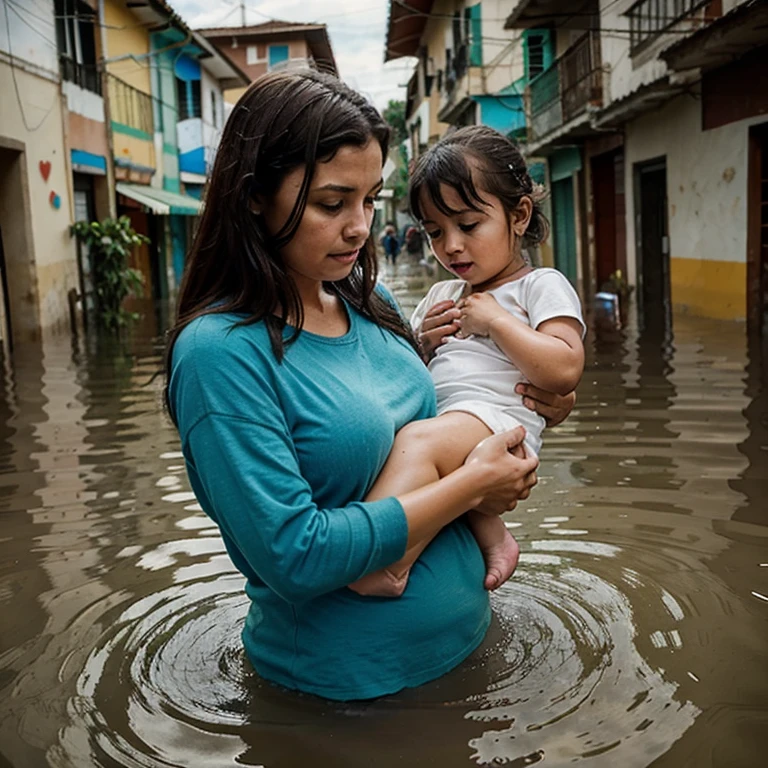 Generate an image of a mother saving a baby from the floods in Rio Grande do Sul