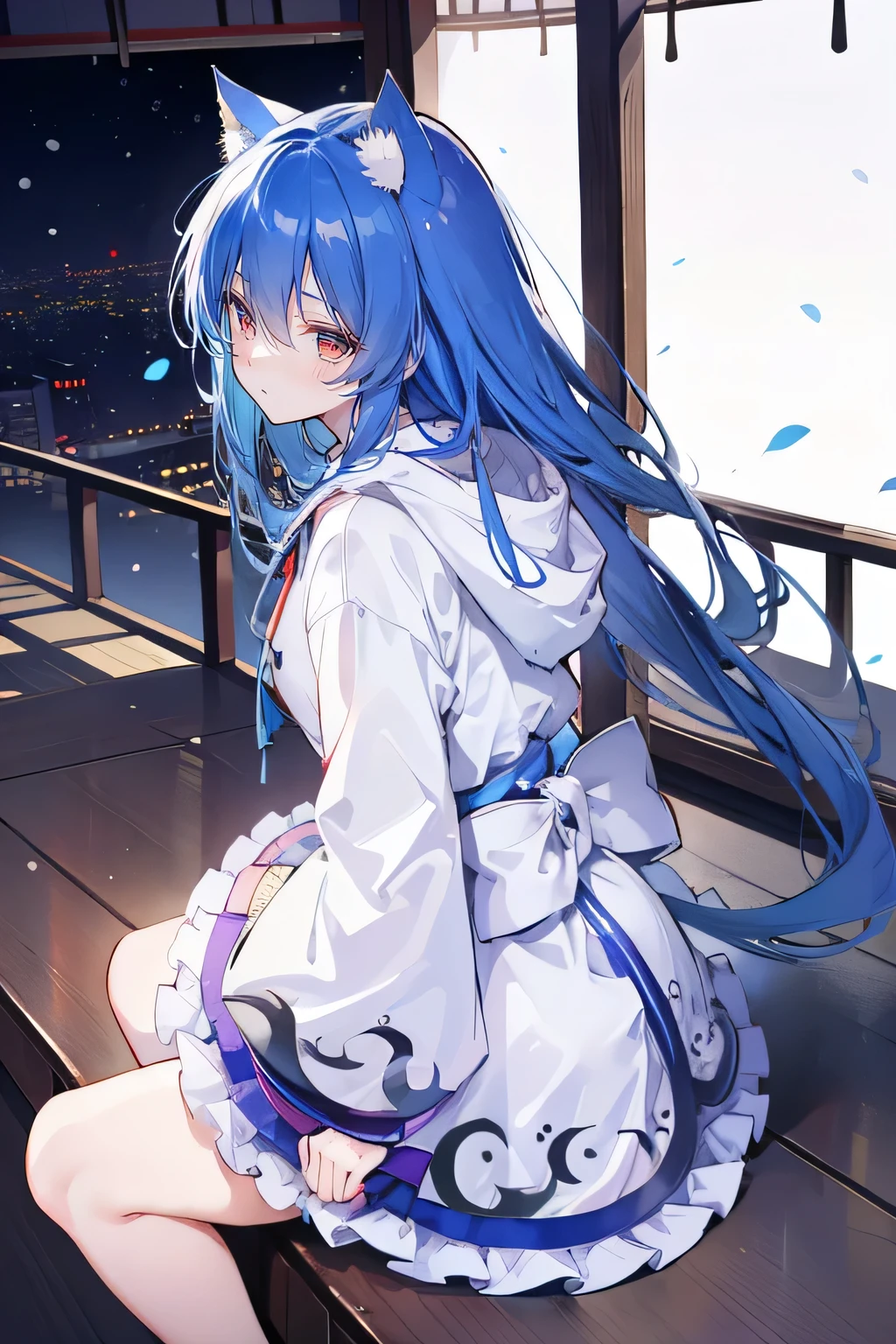 (masterpiece:1.2),Super detailed,lifelike,Expressive eyes,fair skin,perfect face shape,1 girl,
Japanese comics,Gorgeous blue hair,flowing blue hair,flowing clothes,Cat ears,Petals fall,beautiful lola,Baby Angel,
Cross your legs,Gentle and peaceful background,The pavilion is cool and comfortable,smile, wearing hoodie, background of tokyo,back views,snowing, winter.