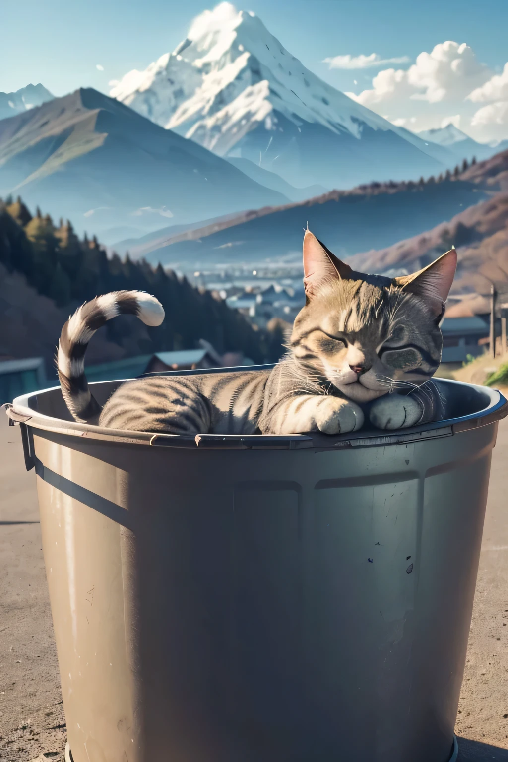 A casual looking cat, sleeping in a green trash can, dreaming, school scenery, mountains in the distance, green striped fur, high definition and detailed, with a comic dialogue box. The chat box has the Japanese flag in Taiwan On the highest peak.