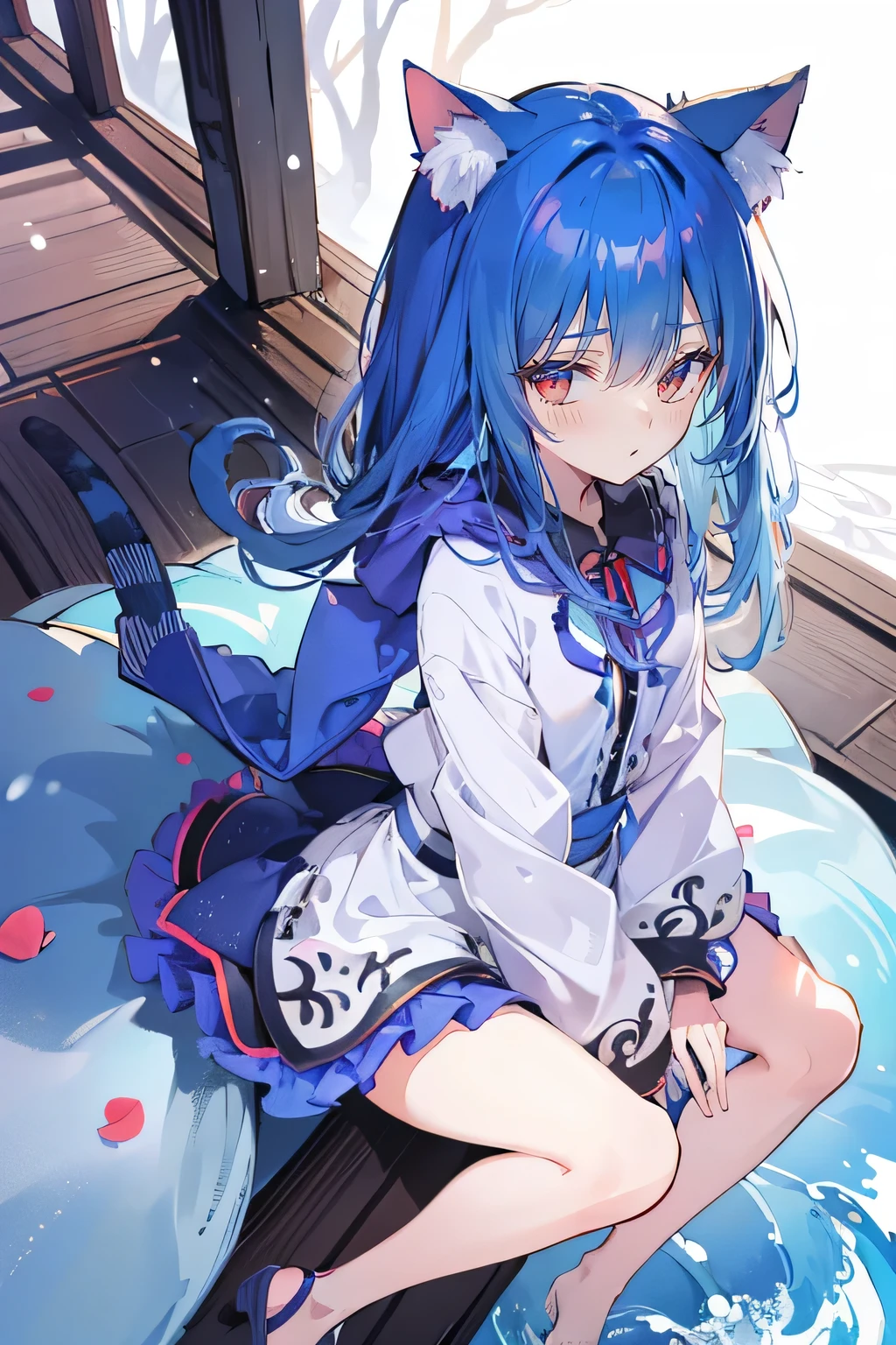 （masterpiece：1.2），Super detailed，lifelike，Expressive eyes，fair skin，perfect face shape，1 girl，
Japanese comics,Gorgeous blue hair,flowing blue hair,flowing clothes,Cat ears,Petals fall,beautiful lola,Baby Angel,
Cross your legs，Gentle and peaceful background，The pavilion is cool and comfortable,smile, wearing hoodie, background of tokyo,back views,snowing, winter.