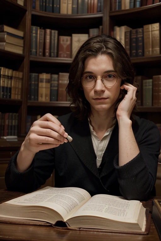 grand encyclopedie ouvert  et consuleter par un homme savant aux cheveux blanc ,dans une grande bibliotheque du genre de poudlare dans le film d'harry poter.