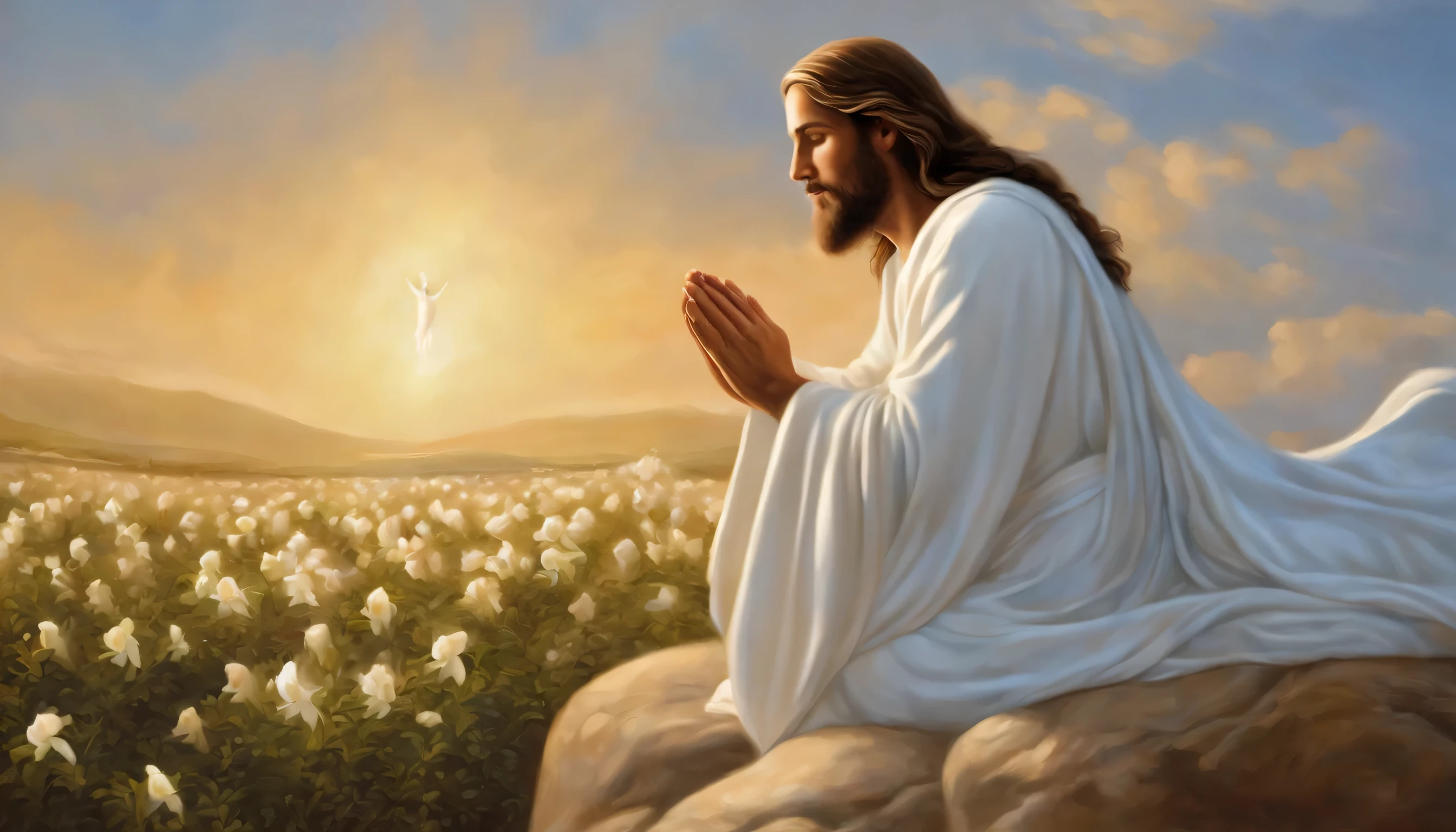 "Draw a representation of Jesus Christ in a serene, inspiring scene. he is standing, envolto em uma aura de luz suave, com os olhos gentis e compassivos fixados em um ponto distante, as if he were contemplating the world with love and compassion. Her facial expression conveys serenity and wisdom, while your arms are slightly extended to the sides, acolhendo a todos com bondade. The scenery around Jesus is peaceful and inspiring. A clear blue sky stretches in the background, dotted with white, ethereal clouds. Raios de luz dourada emanam de seu corpo, iluminando suavemente o ambiente ao seu redor. Ao seu redor, there are symbolic elements that represent your message of love, compassion and hope, como pombas voando livremente, olive trees and white lilies. A imagem deve ser detalhada e realista, with special attention to the facial features and expression of Jesus’ eyes. As cores devem ser suaves e reconfortantes, conveying a sense of peace and harmony. Image resolution must be high definition, permitindo que cada detalhe seja apreciado com clareza. Ao criar esta imagem, seek to capture the essence of Jesus Christ as a symbol of unconditional love and divine compassion, inspiring those who behold it to find comfort and hope in times of difficulty and uncertainty."