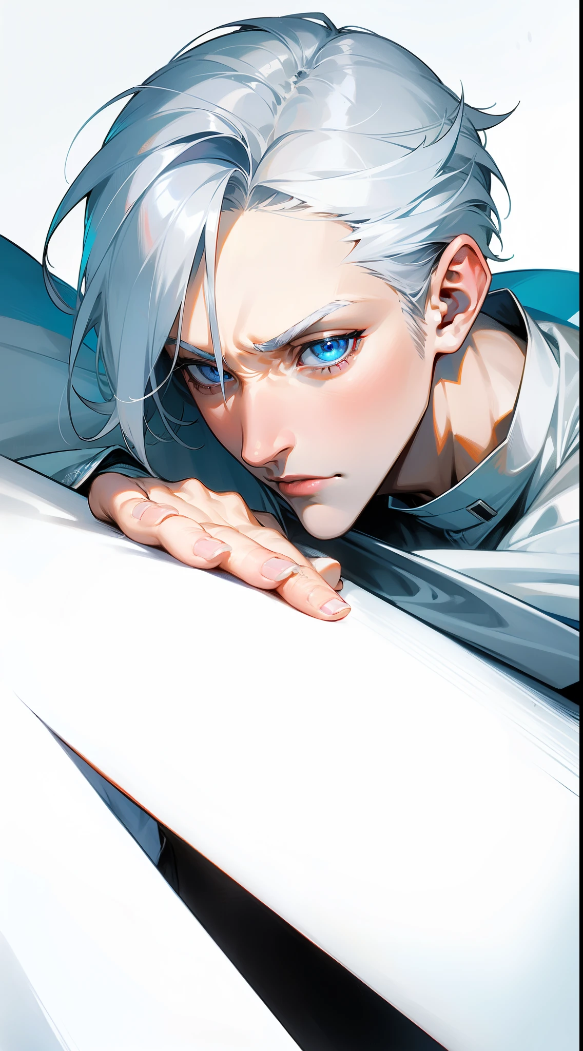 Boy, silver hair, blue eyes, serious sharp features, sharp eyes, sharp nose, handsome, white skin, T-shirt sleeves