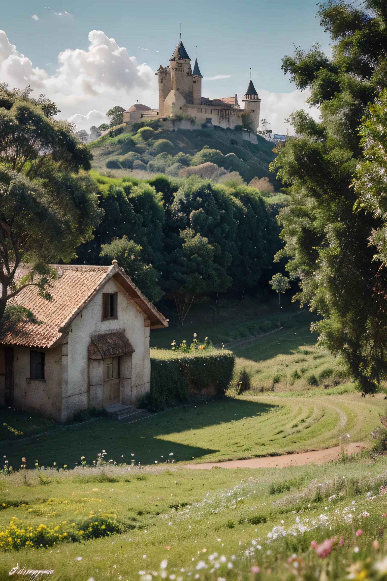 Personal view of an campo aberto with a girl in a dress feeling the breeze many Flores bonitas and green grass,sem vista da cidade, campo aberto, amazing wallpaper, grama baixa, Flores bonitas, foto hiper realista de uma cidade, Longe da cidade , por Raymond Han, dia ensolarado, Castelo na montanha, campos lindamente iluminados, dia ensolarado, beautiful and aesthetic, fotografia, cinematographic, 8k, altamente detalhado ((sol com nuvens)))