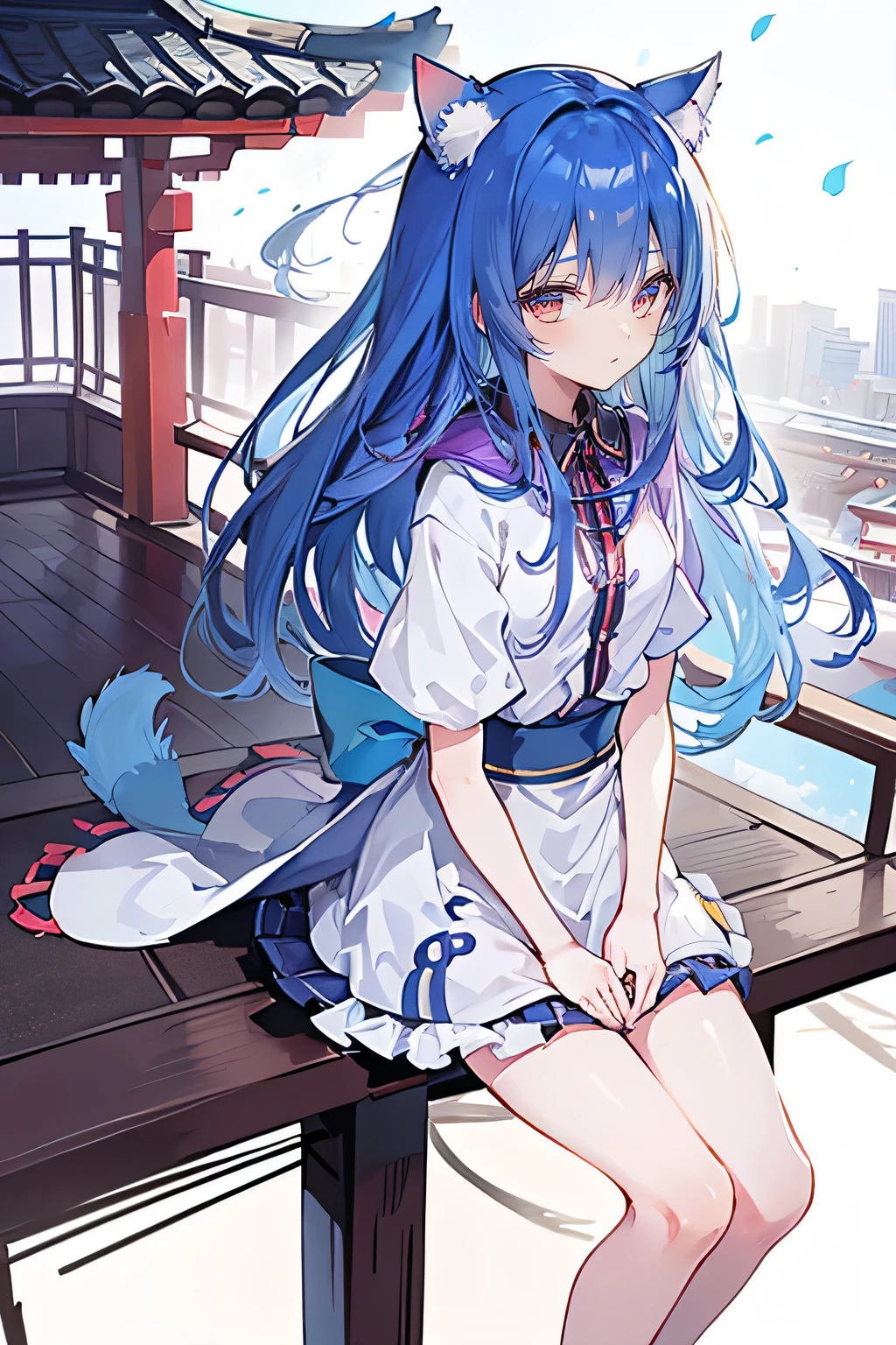 （masterpiece：1.2），Super detailed，lifelike，Expressive eyes，fair skin，perfect face shape，1 girl，
Japanese comics,Gorgeous blue hair,flowing blue hair,flowing clothes,Cat ears,Petals fall,beautiful lola,Baby Angel,
Cross your legs，Gentle and peaceful background，The pavilion is cool and comfortable,smile, wearing hoodie, background of tokyo,back views,snowing, winter.