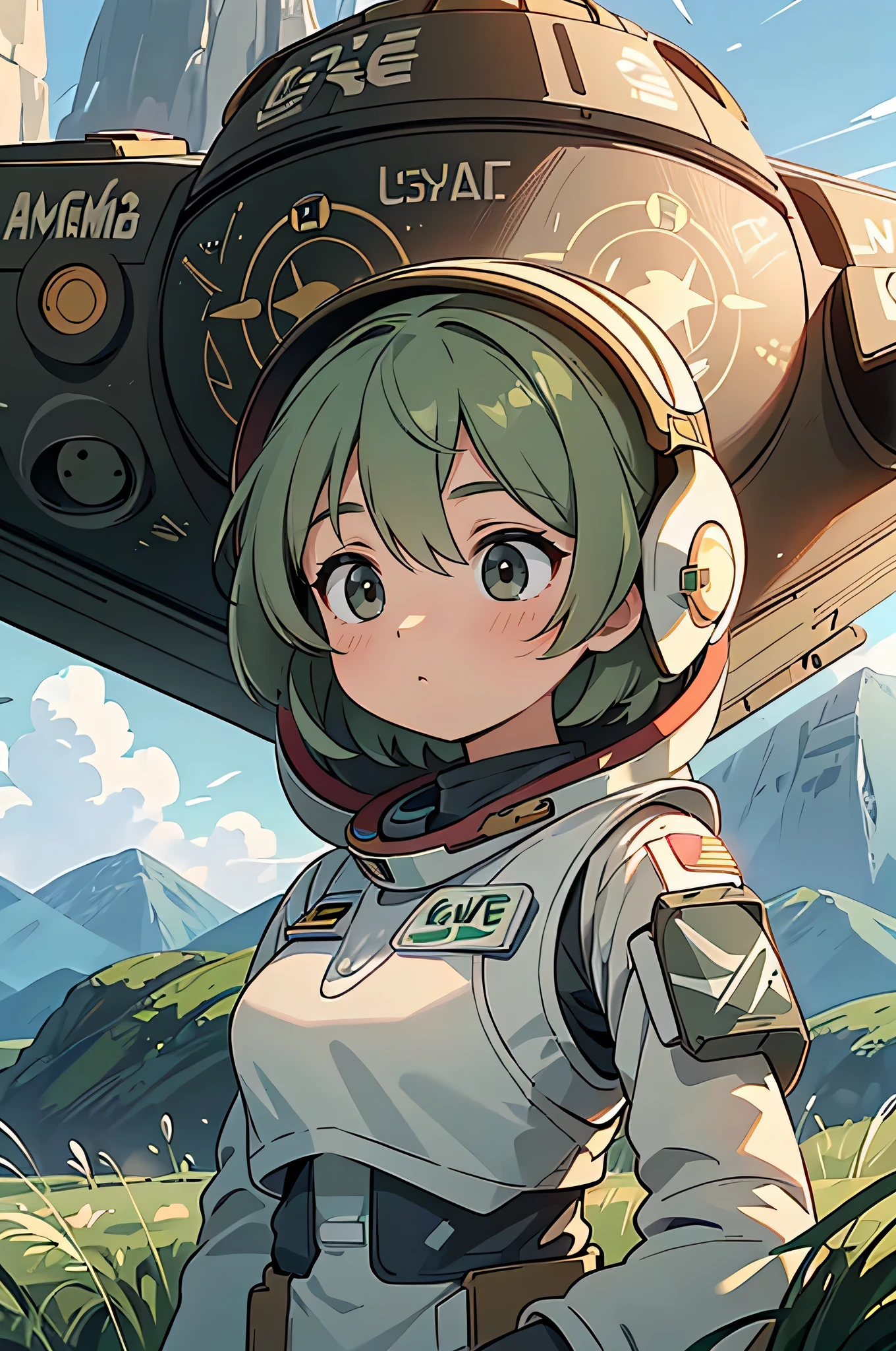 Awards (whole body:0.8) (Photo portrait:1.3) Young woman (Sci-Fi Astronaut:1.3) with (Military tanks:1.4), (Stargate:1.4), Gaze upon a lush alien planet, (Mountain々:1.2) (Tall Grass:1.4), rock, Fluffy clouds floating in the sky, Trending on Artstation, Very detailed, The finer details, Complex, (Lens flare:0.6), (Backlight:0.8), (bloom:0.8), Shallow depth of field