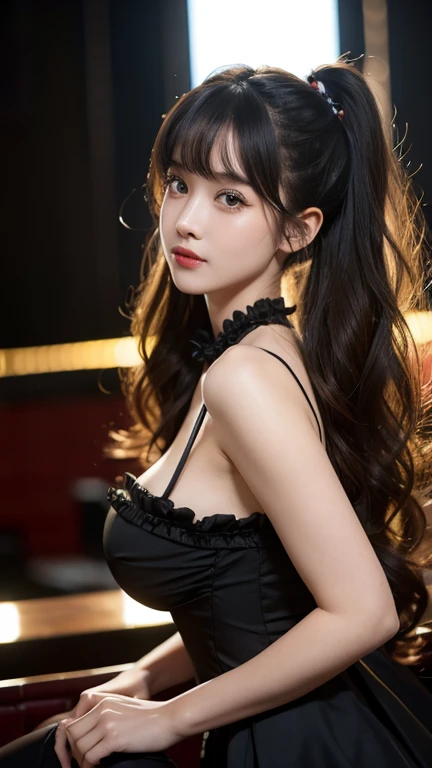 highest quality,woman,Twin tails,Blunt bangs,Curly Hair,Soft wavy hairstyle,bright、Has a lively expression,健康的でbright肌の色,Thick lips,From below,whole body,Looking at the camera,Cinema Lighting,Western-style building,Big Breasts,Cinema Lighting,Gothic&ta,