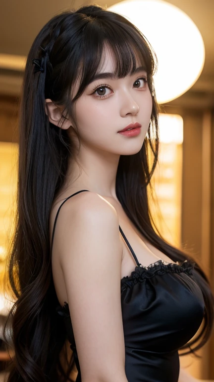 highest quality,woman,Twin tails,Blunt bangs,Curly Hair,Soft wavy hairstyle,bright、Has a lively expression,健康的でbright肌の色,Thick lips,From below,whole body,Looking at the camera,Cinema Lighting,Western-style building,Big Breasts,Cinema Lighting,Gothic&ta,