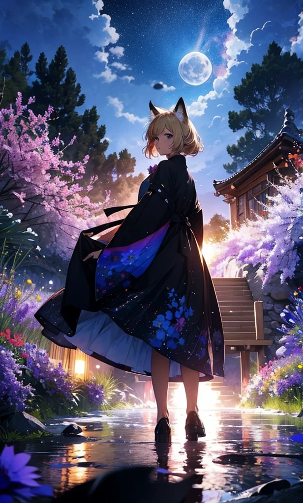 1people々々々々々々々々々々々々々々々々々々々,Woman with medium length blonde hair,Fox Ears,Long coat,Takageta, Dress Silhouette, Rear View,Space Sky, rainbow,Flower Field,Colorful flowers,Dancing Petals,full moon,