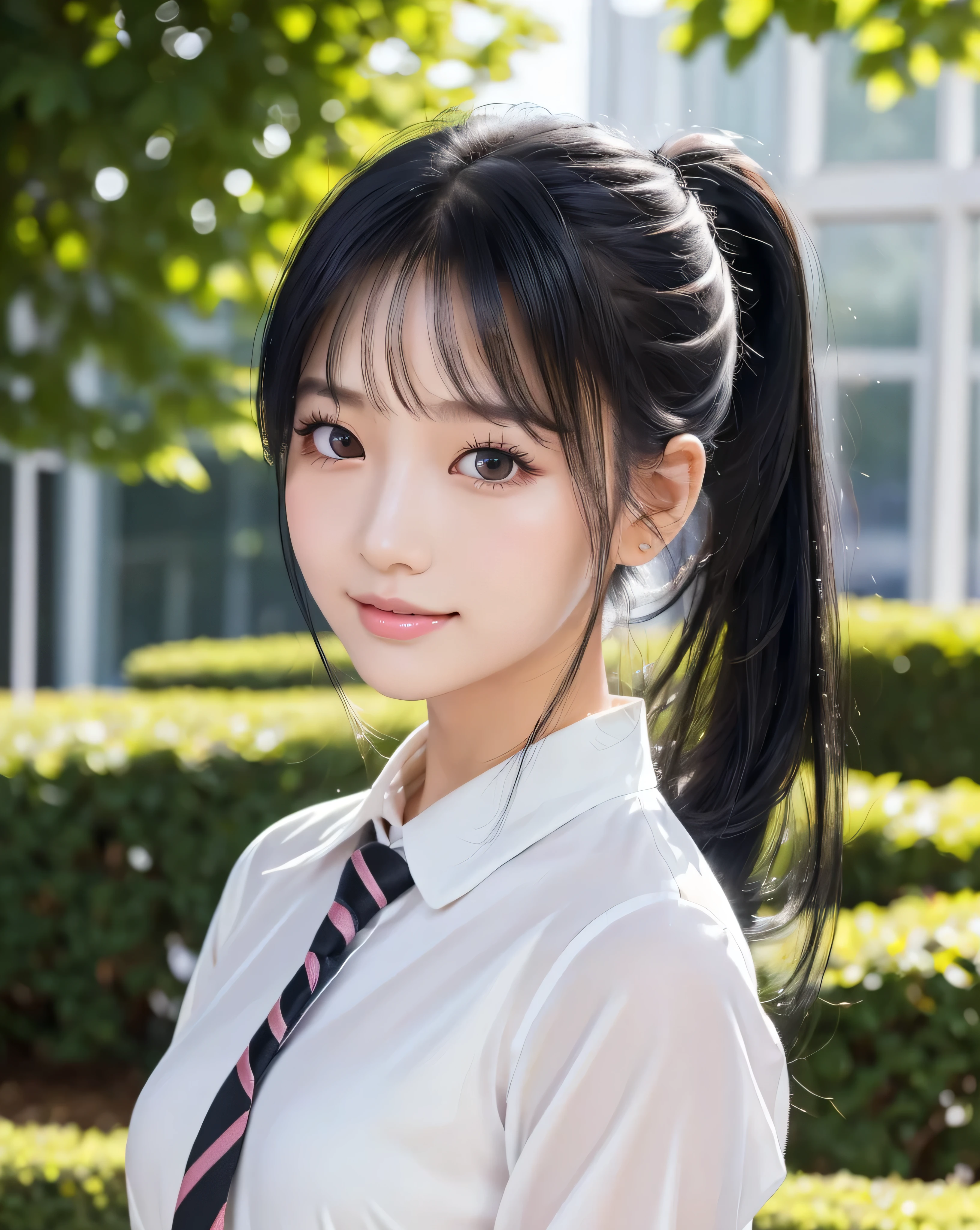 (highest quality, 32k, High resolution, Masterpiece:1.5, ), god々A photograph with brilliant dazzling and healing power., Evoking a sense of calm and elusive beauty, Expressing emotions, Have a rich imagination, Beautiful Japanese Girls, An exceptionally beautiful face, Perfect Human Anatomy, Magical big eyes, fleeting smile, Motherhood and generosity, ((Shiny black hair:1.3), ((Beautiful ponytail)), Asymmetrical bangs, Hair between the eyes, Transparent, soft white skin, Neat, thin eyebrows, double eyelid, Natural Makeup, Cheek highlighter, Pale pink detailed lips, ((School Uniform:1.4)), White dress shirt, Longer ties, Grey pleated skirt, Detailed summer sky, Slim figure with ample breasts, High resolutionの美しい太もも, Hair that shines in the dazzling midsummer sunlight, Professional Lighting, Professional photographer, Professional models, God's Secret