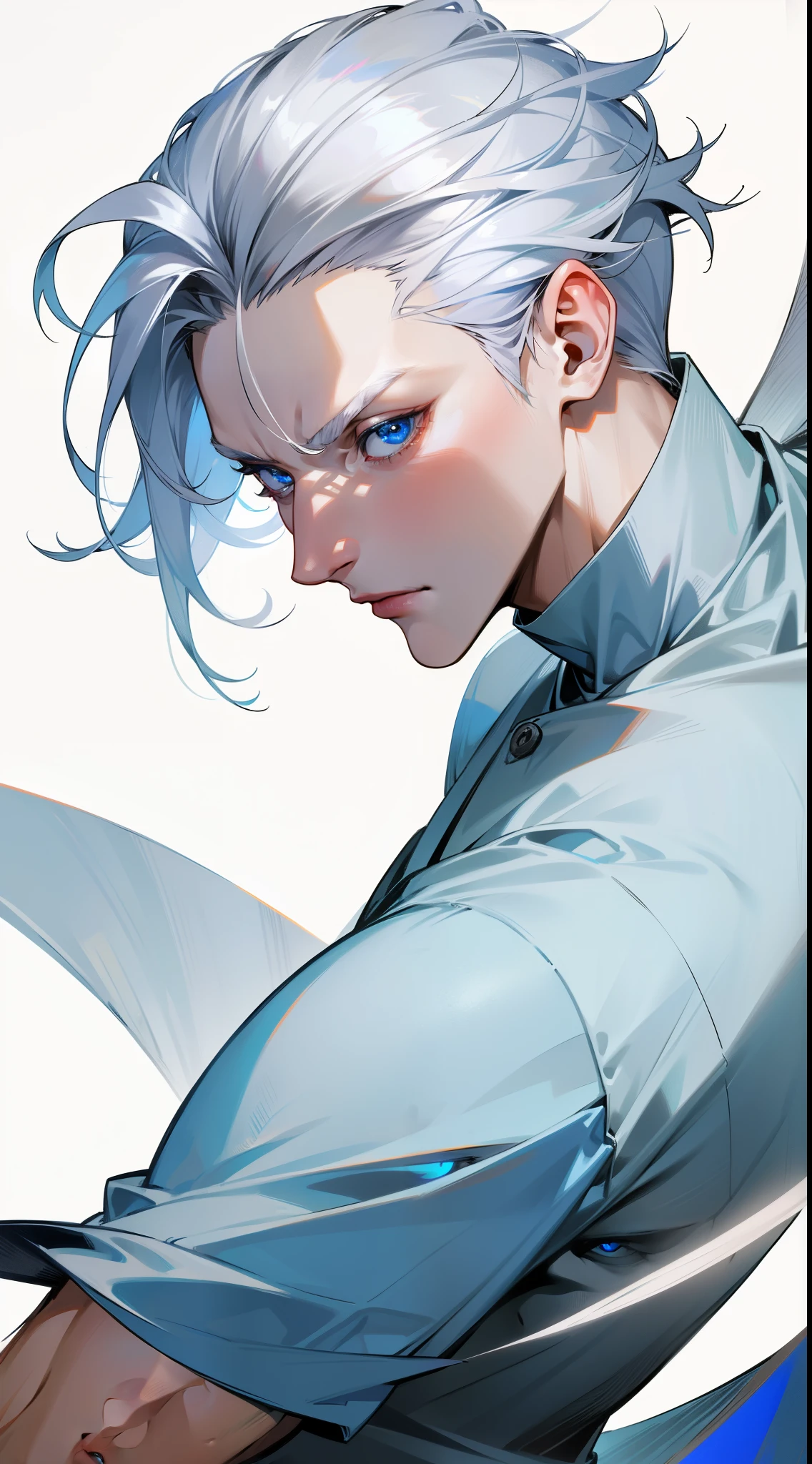 Boy, silver hair, blue eyes, serious sharp features, sharp eyes, sharp nose, handsome, white skin, T-shirt sleeves