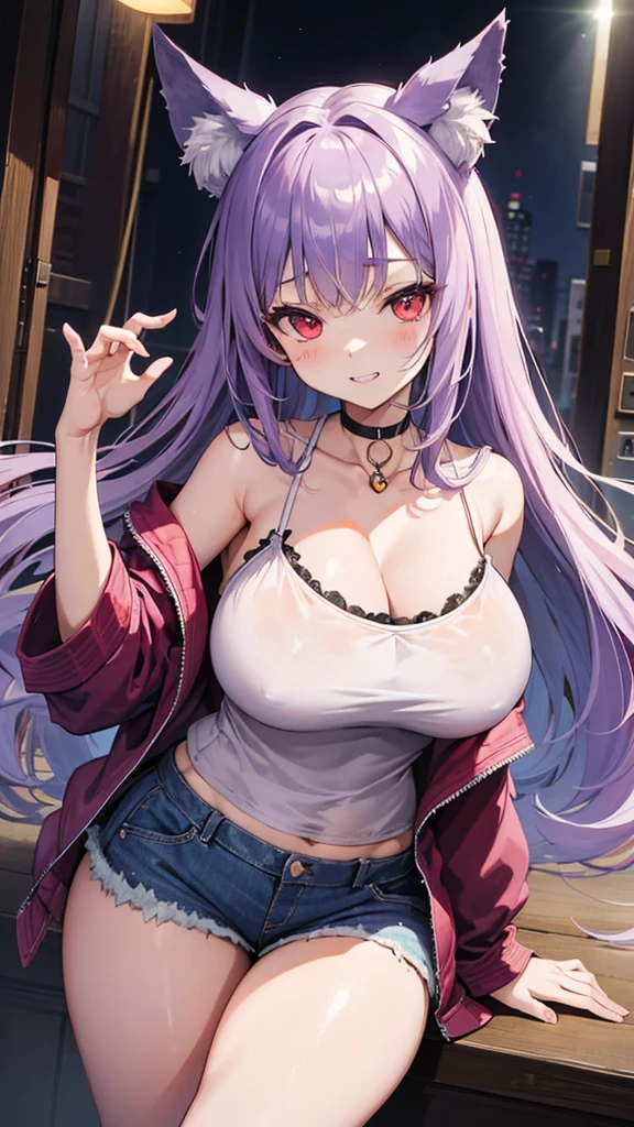 最高masterpiece、Wolf Girl, Large Breasts, Voluminous light purple hair, masterpiece , Red eyes, hd, Thick thighs, Head to Chest, buried in my chest、Double teeth、tooth、Chubby、Grinning、camisole、Big Tits、Denim Jacket、white iris、