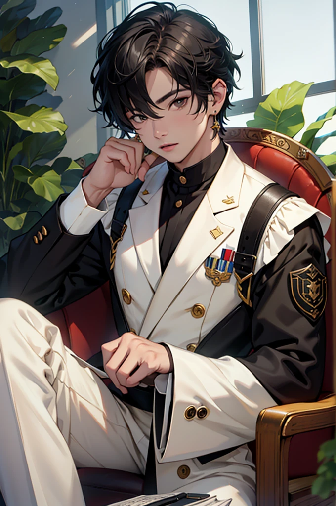 hay un hombre vestido de cuero sentado en una silla, Won Bin Lee, brillante por la lluvia, jungkook, hyung tae, sakimichan, Jung Jaehyun, en uniforme negro, park Jimin, Jimin, quien es siwoo, in a leather corset, young pale angel, usando un chaleco de cuero negro, con pistola, Jimin\'s grecian nose, jinyoung shin
