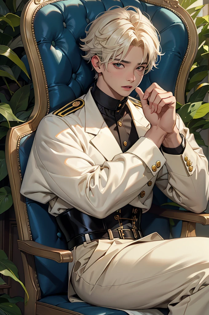 (Masterpiece) white cat, in a military suit sitting on a chair in a shop with a large window facing the street, drinking coffee, in a super realistic style, cat man