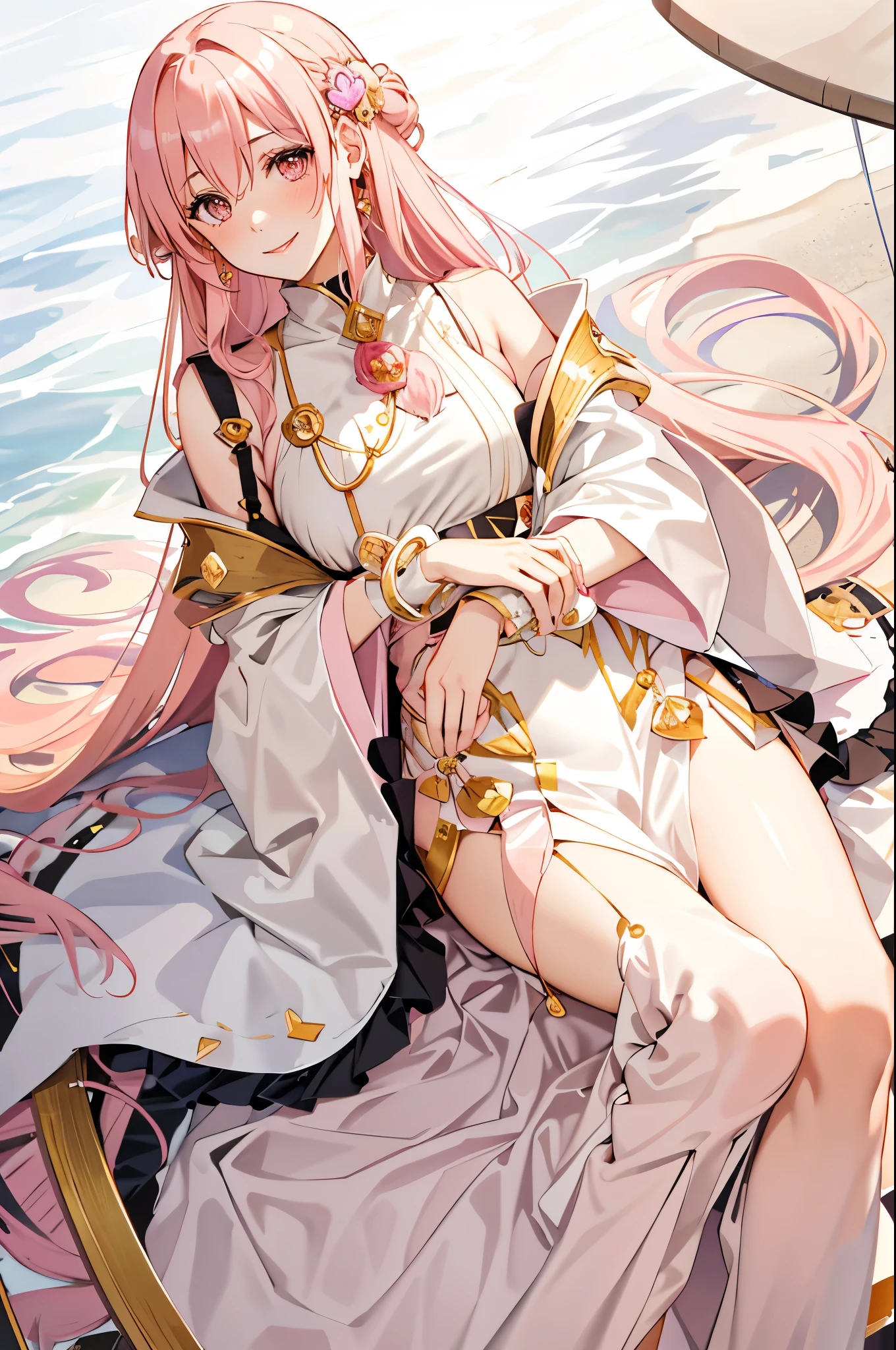solo, long pink hair, peach eyes, sweet smile, subtle blush, large chest