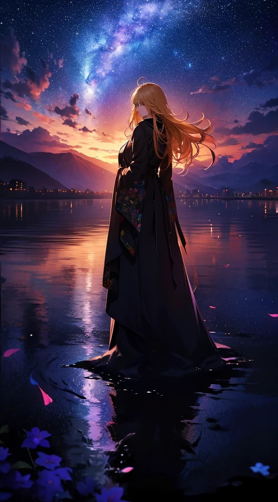 1people々々々,Blonde long-haired woman,Long coat, Dress Silhouette, Rear View,Space Sky, Starry Sky,rainbow,Flower Field,Colorful flowers