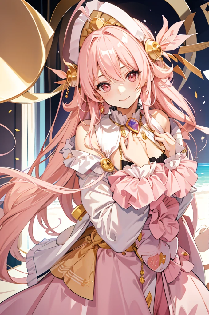 solo, long pink hair, peach eyes, sweet smile, subtle blush, large chest