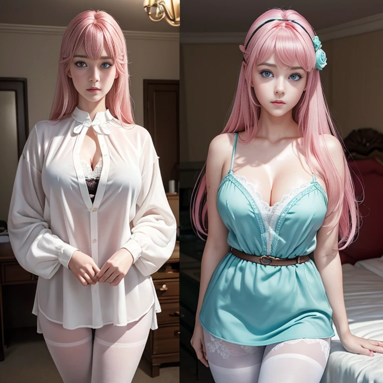 ((Top Quality、16K、masterpiece:1.3))、a tall and beautiful woman、Perfect Figure:1.4、(dream aesthetic) Slim Abs, young natural woman (otome dori) solo, long voluminous pale-pink hair 、messy hairstyle (with hair bangs), turquoise-blue eyes, pale-white skin (highlighted, realistic shading)、natural bust、Highly detailed facial and skin texture、(A detailed eye, Symmetry Eyes, Clear realistic eyes, Double eyelidd、Cold-stricken face、Symmetrical face), very realistic skin, goth makeup, Royal sisters full of fans、The Telegraph Esbian、peach buttocks, white shirt (wet), miniskirt, black tights, cleavage, squart、(Raw foto:1.2)、((Photorealcitic:1.4))Top Quality、masterpiece、Real Photography、very delicate and beautiful.、super detailed CG、Unity、8K photo wallpaper、delicate detail、best qualtiy、Highly detailed CG unity 16k wallpaper、absurderes、Incredibly Absurd、huge file size、extremely highly detailed、Hight Resolution、ighly Details、Beautiful detail girl、extremely beautiful eyes and face, cute eyes look、Facial light、cinematic lightings、(Proportional hips, thick thighs, beautiful legs, realistic pantyhose) 1girll、see -through, inside house (bedroom) 、ulzzang-6500、The Telegraph Esbian, different poses at different angles,