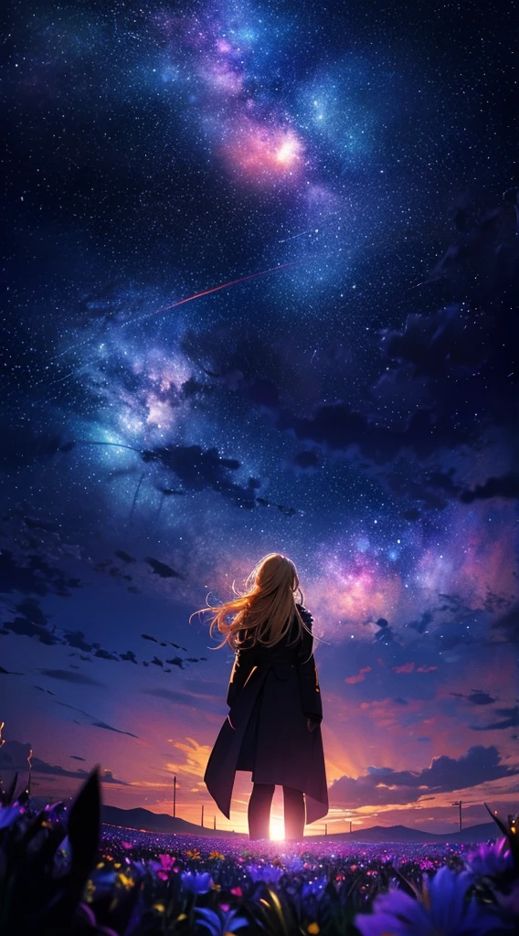 １people々々々,Blonde long-haired woman，Long coat， Dress Silhouette， Rear View，Space Sky, Starry Sky，rainbow，Flower Field，Colorful flowers