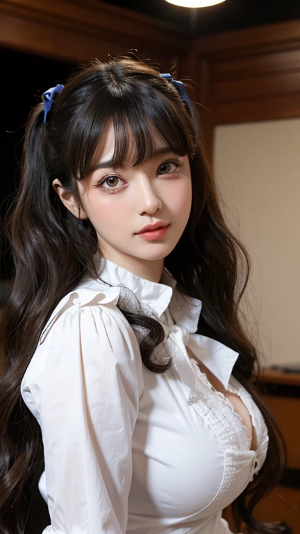 highest quality，woman，Big twin tails，Blunt bangs，Curly Hair，Soft wavy hairstyle，bright、Has a lively expression，健康的でbright肌の色，Thick lips，From below，whole body，Looking at the camera，Cinema Lighting，Western-style building，Big Breasts，Cinema Lighting，Gothic&Lolita，