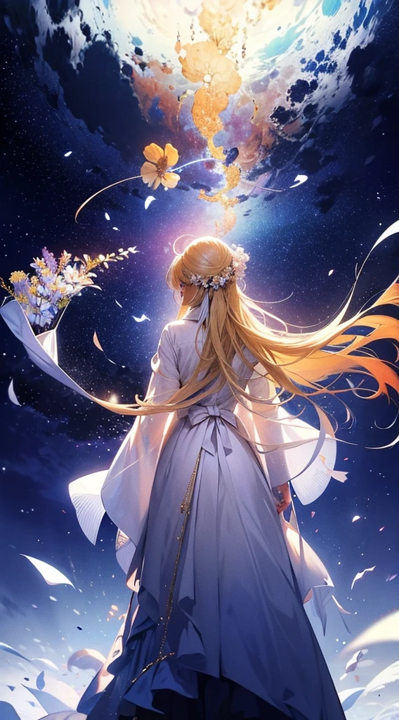 1people々々々々,Blonde long-haired woman,White long coat, Dress Silhouette, Rear View,Space Sky, Flower Field,Colorful flowers