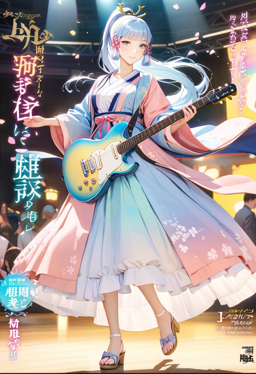 magazine cover，masterpiece), (best quality), (Ultra Detailed),(lifelike：1.37), (Idol playing electric guitar on stage), (Face painting:0.8),solitary,3D,whole body,Green sci-fi style Hanfu,Everlasting, Looking at the audience, (Stage Background),Beautiful blue eyes, Pretty Face, floating,(High Saturation),(Colorful splash),Colored bubbles,(shining),  Ponytail, Kamisato Ayaka, light blue hair, Bangs, Hair ring, floating flowers, Flowing hair, (shining), Optimal lighting, The best shadow,（8k）