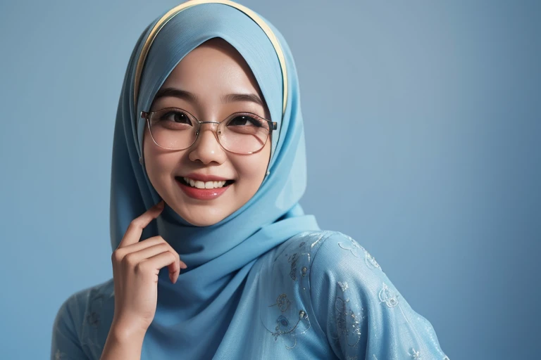 Sexy Malay woman in a light blue baju kurung in front of a blue background, laughing, dimple, glasses, hijab, mira filzah, full portrait, on a blue canva, full portrait shot, photo of young malay woman, photo of a woman, potrait, in blue background, extreme close up shot, ultra detail, pastel color grading,