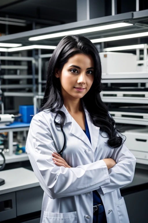 mad scientist with black hair, standing in lab coat, background : laboratory, laboratory, dim light